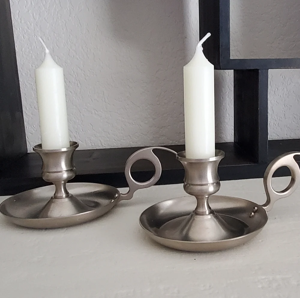 Vintage Early American Pewter Candle Stick Holders, Set of 2, EUC